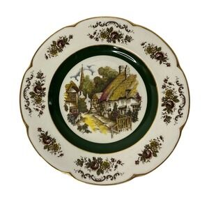 Vintage Ascot Decorative Plate Wood & Sons England Cottage Scene Green Gold 9"